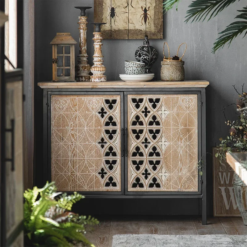American rural retro old wrought iron carving hollow side cabinet