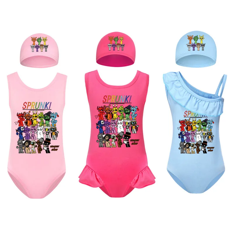 Kids Swimwear Girls Sprunki Incredibox One Piece Swimsuit Free Swimming Cap Cartoon Wenda Bathing Suits Children Cute Beach Wear