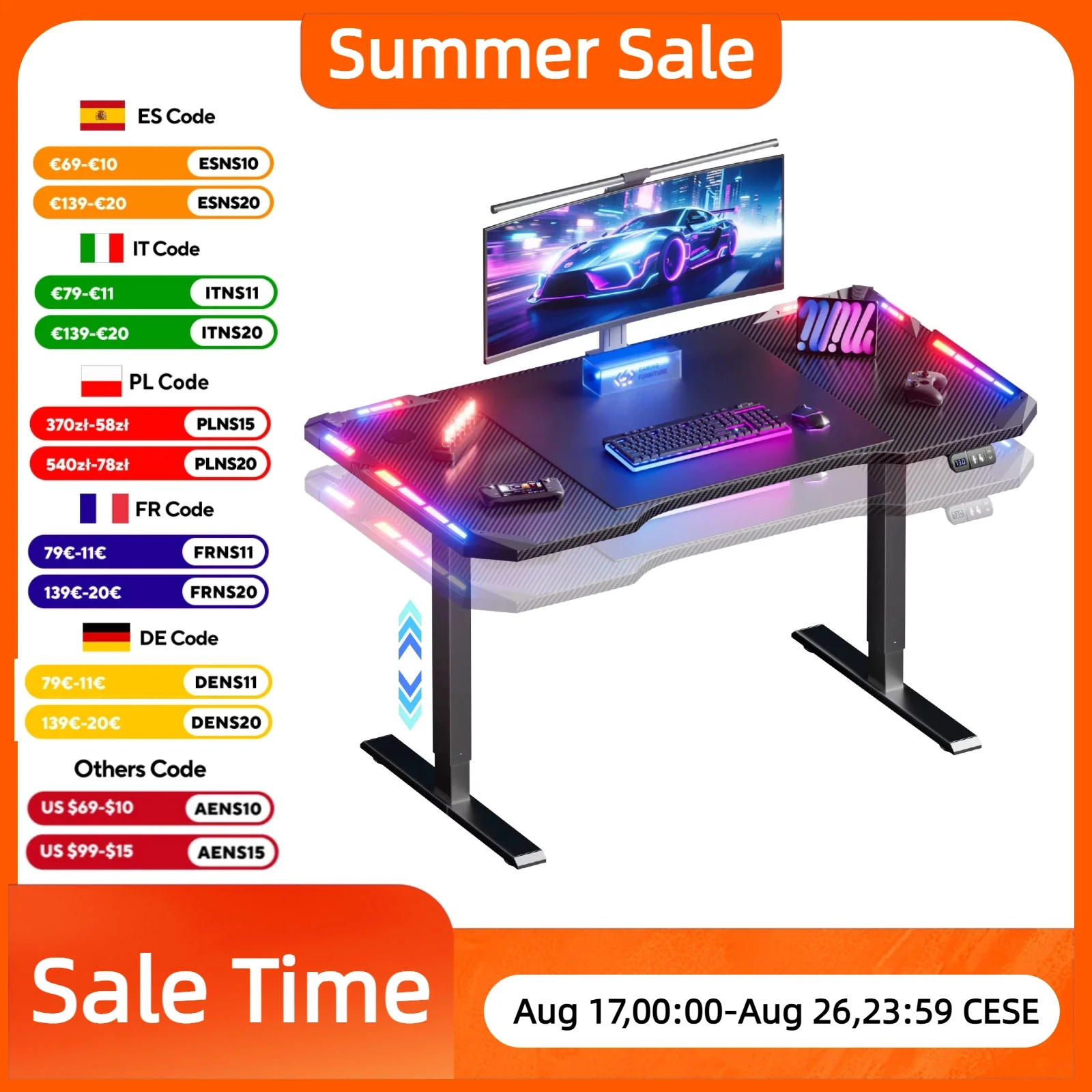 Elektrisch Höhenverstellbarer Gaming-Schreibtisch mit App-gesteuerter LED-Beleuchtung, Carbonfaser-Oberfläche PC-Gaming-Tisch, 2 Höhen-Memory-Presets, Verschiedene Größen,