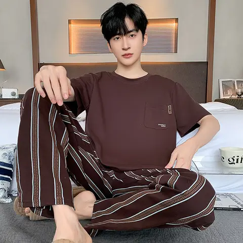 2 조각 세트 남성 줄무늬 여름 코튼 잠옷 세트 짧은 잠자는 탑 긴 바지 잠옷 남성 캐주얼 Nightwear Pijama Hombre