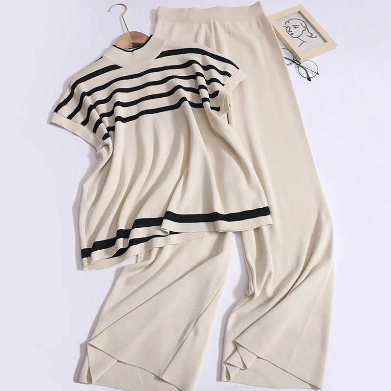 Women Design Contrast Color O-neck Sleeveless Top Loose Casual Set Spring Summer New High Waisted Elastic Band Wide Leg Pants