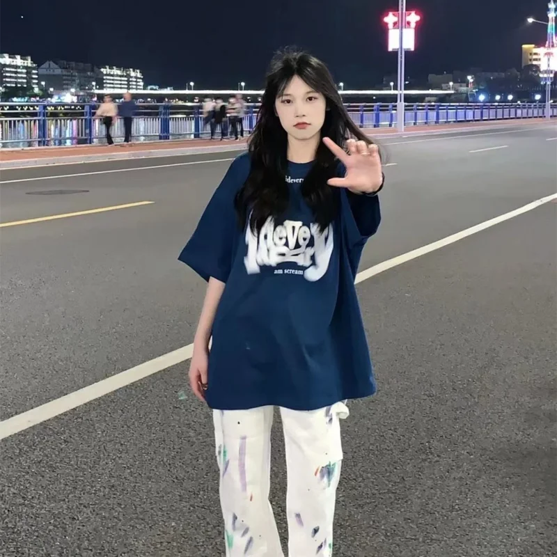 DAYIFUN-Women's Short-Sleeved O-Neck Cotton T-shirt Summer Streetwear Korean Loose Casual Tops Oversized Graphic Tees New 2023