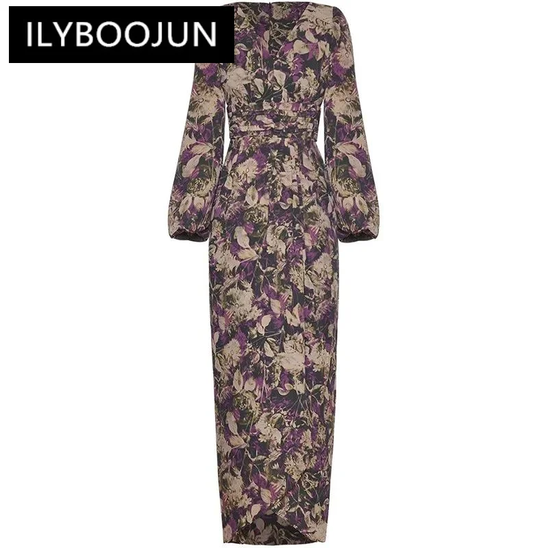 

ILYBOOJUN Fashion Women's 2024 Spring New V-Neck Lantern Long-Sleeved Pleated Printed High-Waisted Vintage Hip Wrap Pencil Dress