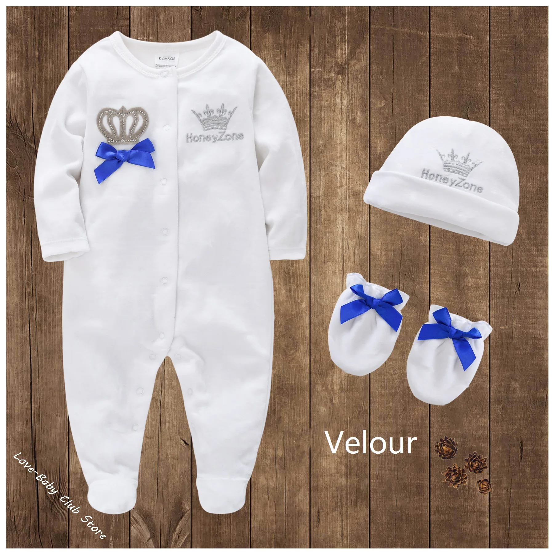 Baby Boy Girl Velour Romper Royal Crown Clothing Set Cap Mitts Newborn Prince Sleepsuits Princess One-Pieces Footies Pajamas