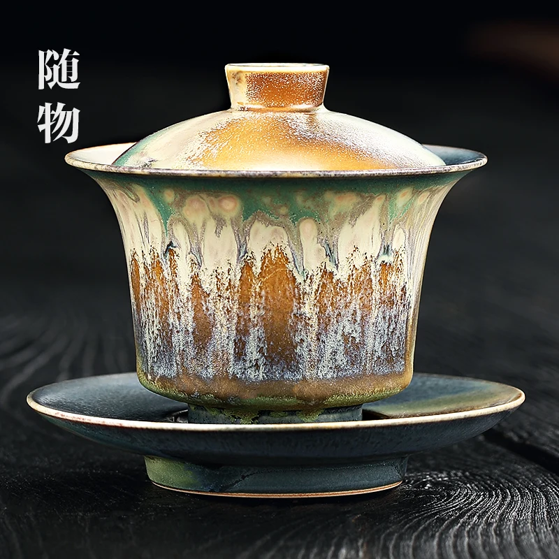 Jingdezhen Chaishao Pure Handmade Cover Large Single Bowl, Sancai Cup, Kung Fu Tea Set, Ceramic, Not Hot To Hand