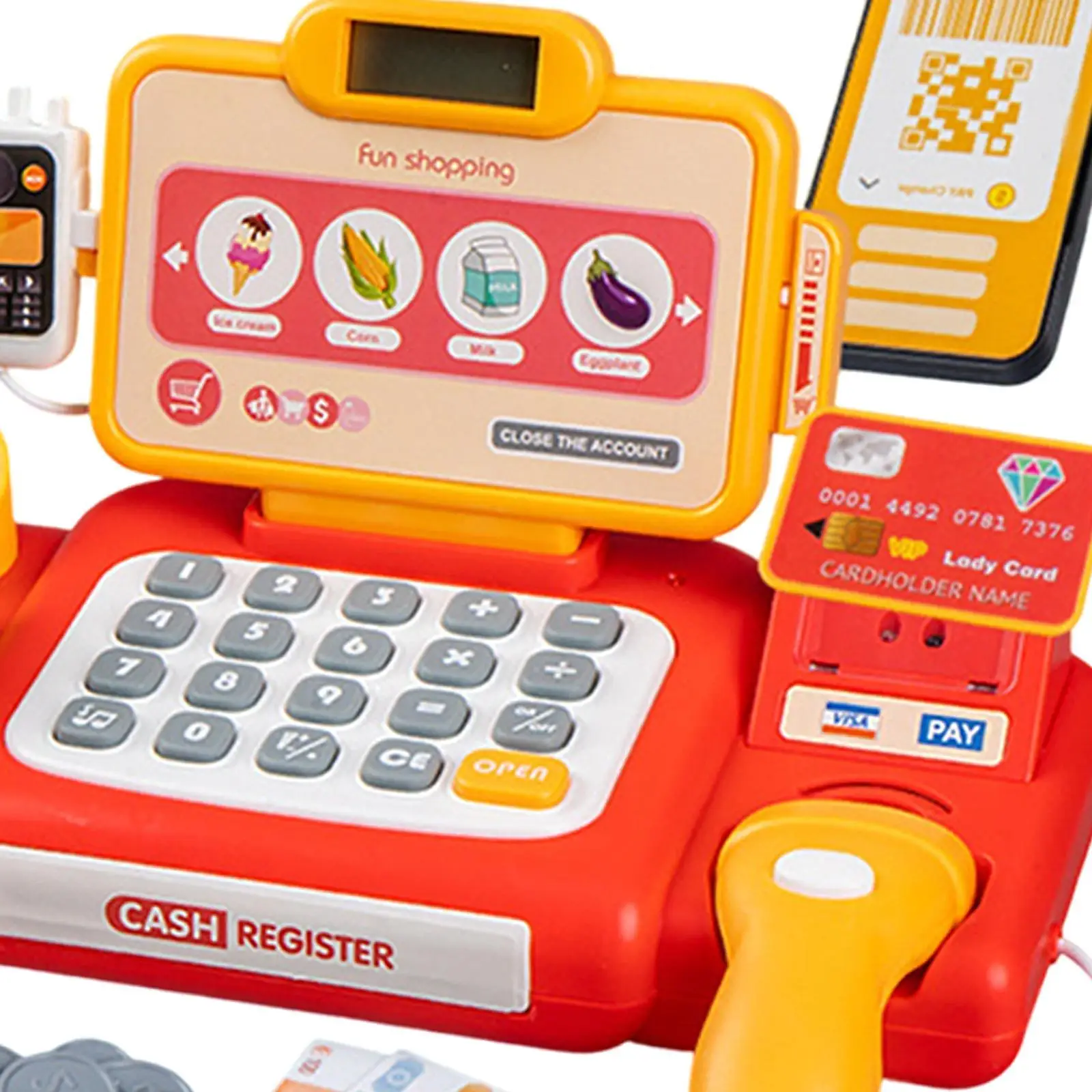 Registratore di denaro per bambini con scanner di codici a barre Fai finta di giocare con generi alimentari Supermercato Cassiere Playset per bambini Ragazze Ragazzi Regali di compleanno