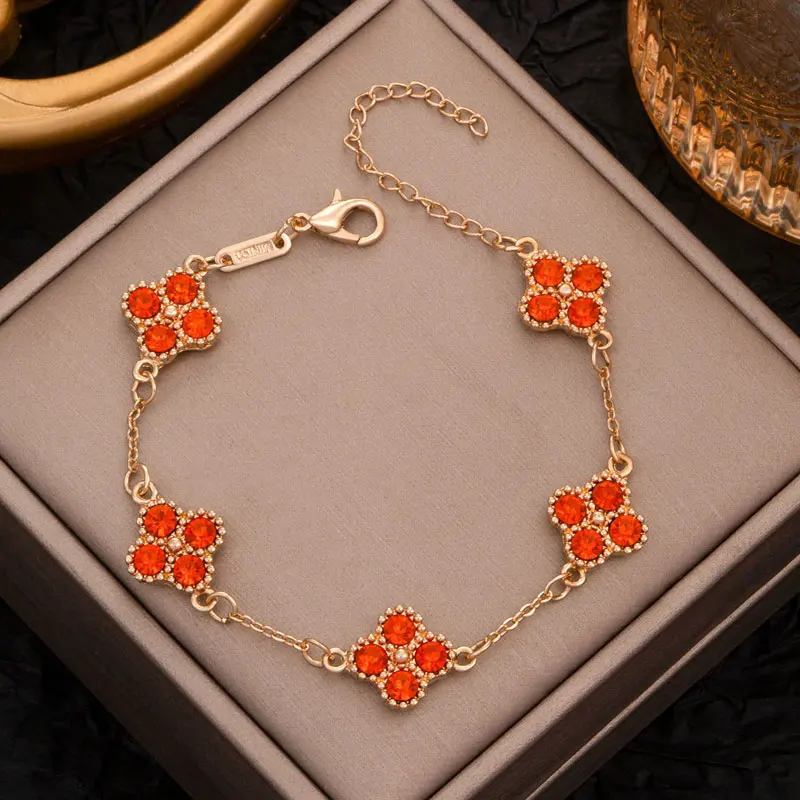 Colorful Crystal Four Leaf Clover Bracelets for Women Girls Lucky Clovers Flower Fashion Wrist Chain Jewelry Party Wear Bijoux