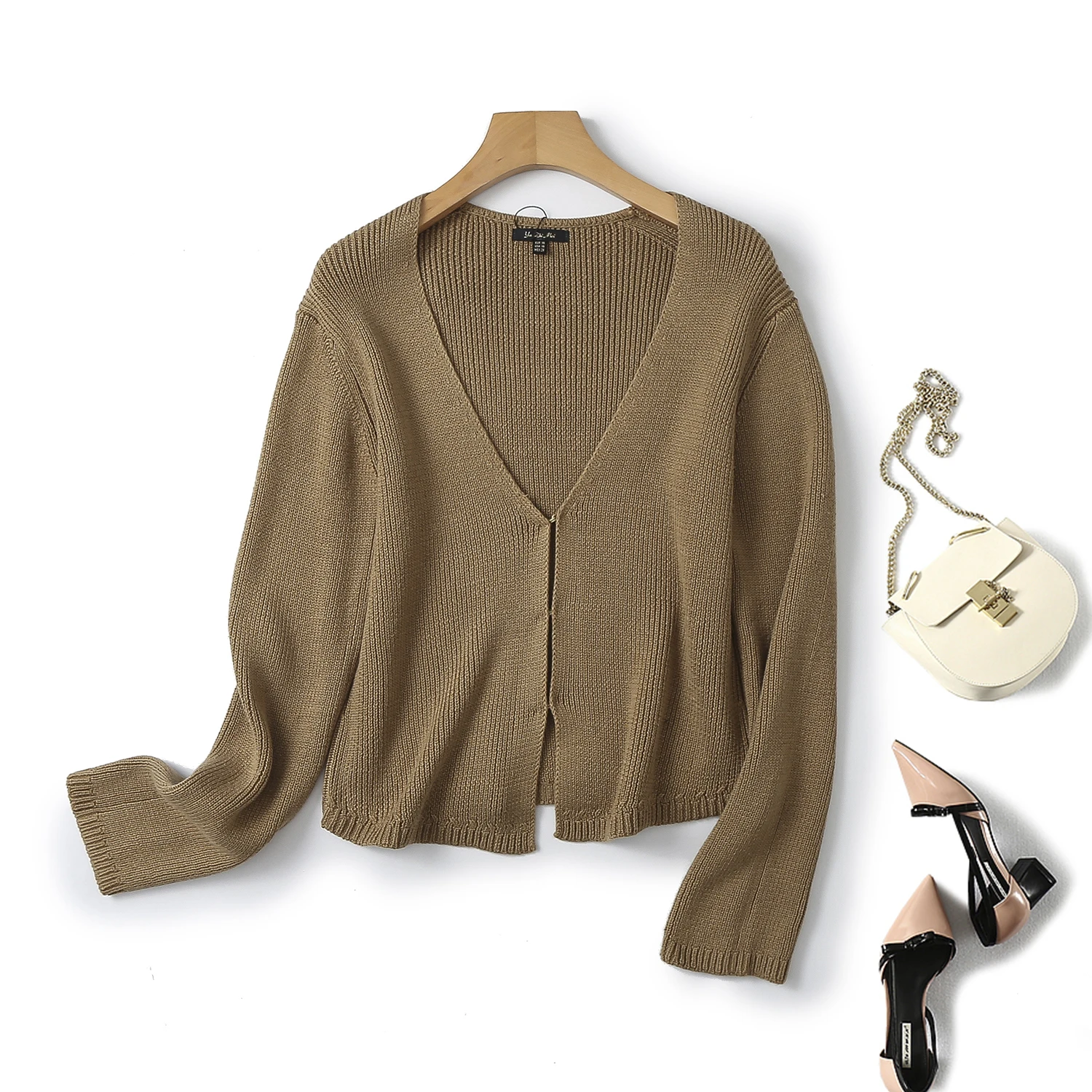 

Ethereal 2024 new style of Lazy minimalist elegant beige V-neck sweater knit cardigan