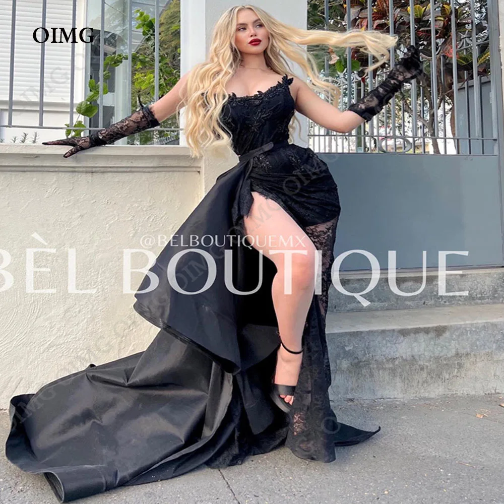 

OIMG Black Lace Sexy Arabic Evening Dresses High Side Split Satin Mermaid Prom Gown Full Sleeves Formal Celebrity Party Dress