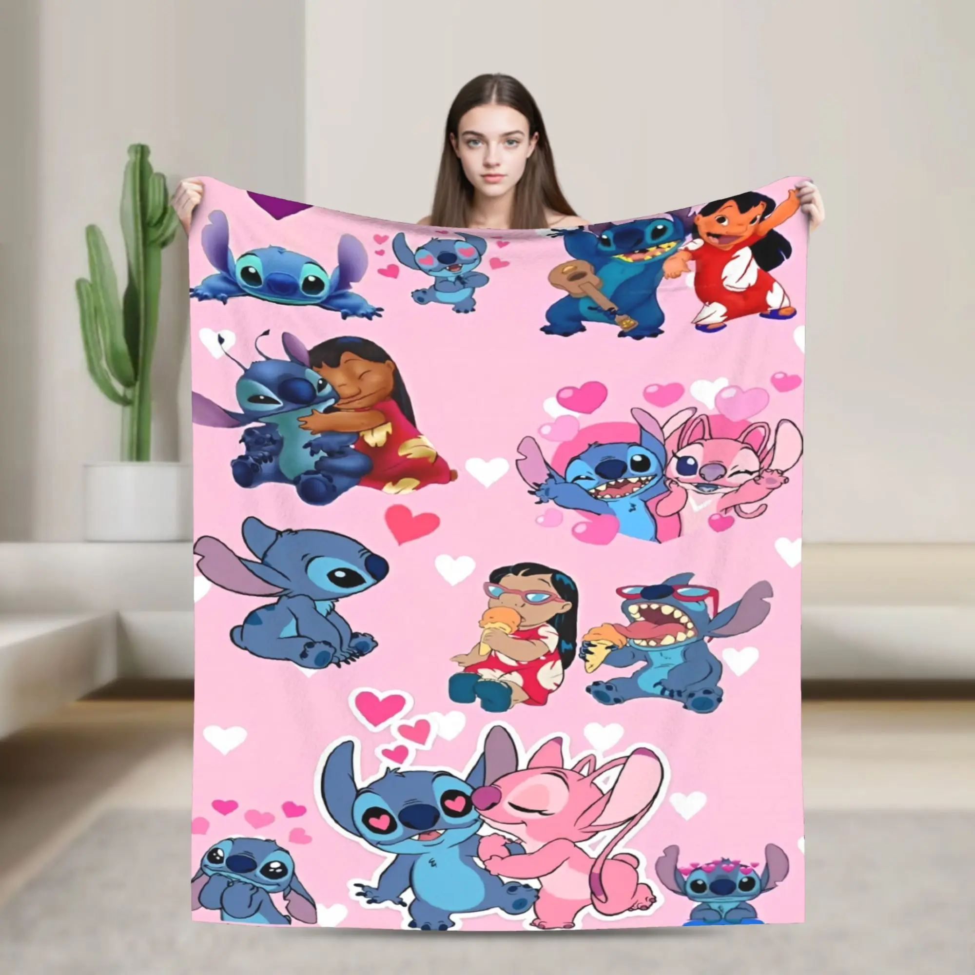 Mantas Kawaii Stitch Angel Lilo y Stitch, manta suave y divertida de lana para el hogar, Otoño/Invierno