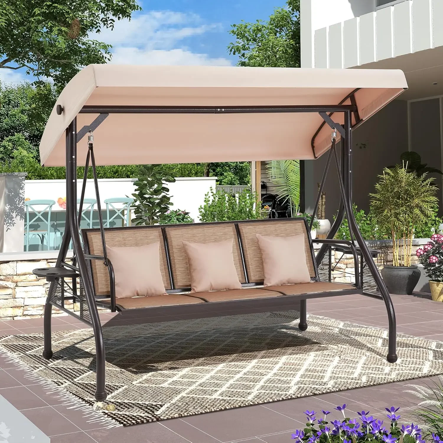 

Outdoor Porch Swing with Adjustable Canopy, Backrest, 3-Person Patio Canopy Swing Textilene Bed with Side Cup Holder