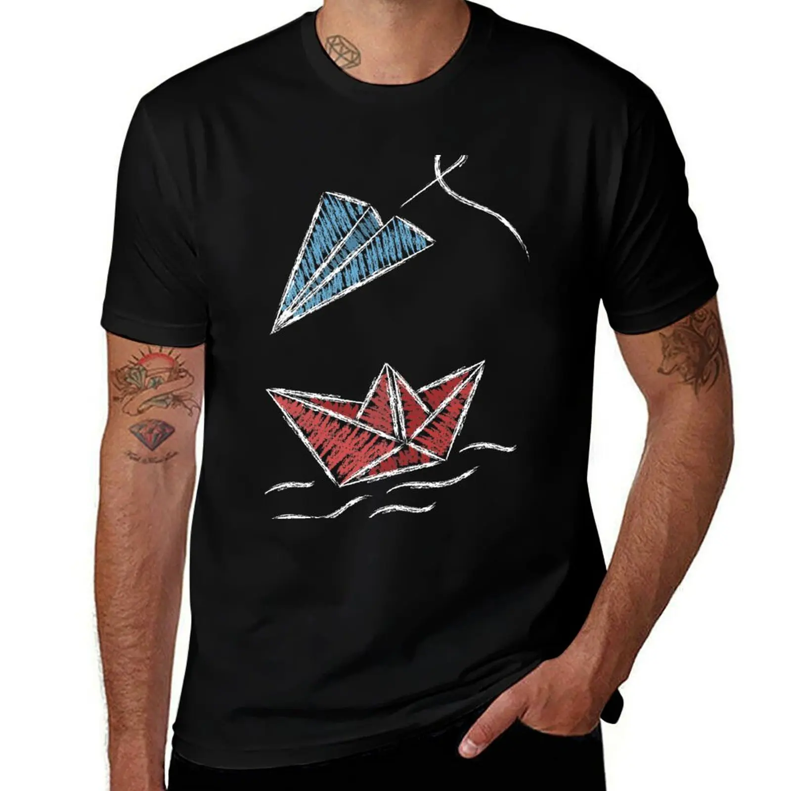Paper boat and plane on blackboard T-Shirt Classic Crew Neck Cotton T-Shirt