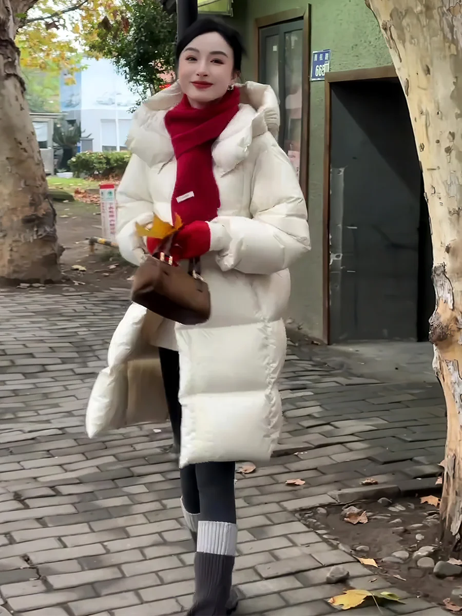 

Зимняя утепленная женская пуховая куртка с капюшоном средней длины, теплая, белая, для повседневной носки