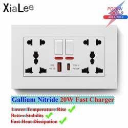 3x6 GaN QC18W Type-A & PD20W Type-C 2 USB Quick Charger PC Frame Double Switched Wall Universal 5 Pin Socket With LED Indicator