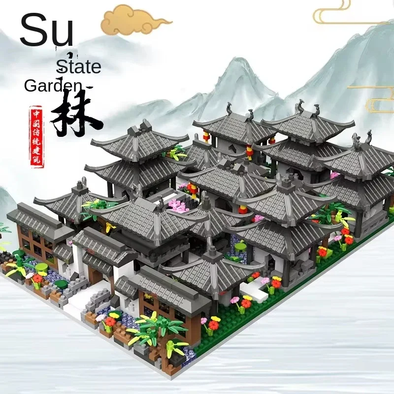 Chińskie klocki konstrukcyjne Suzhou Garden, tradycyjna starożytna architektura, model DIY, puzzle, zabawka edukacyjna, dekoracja na biurko