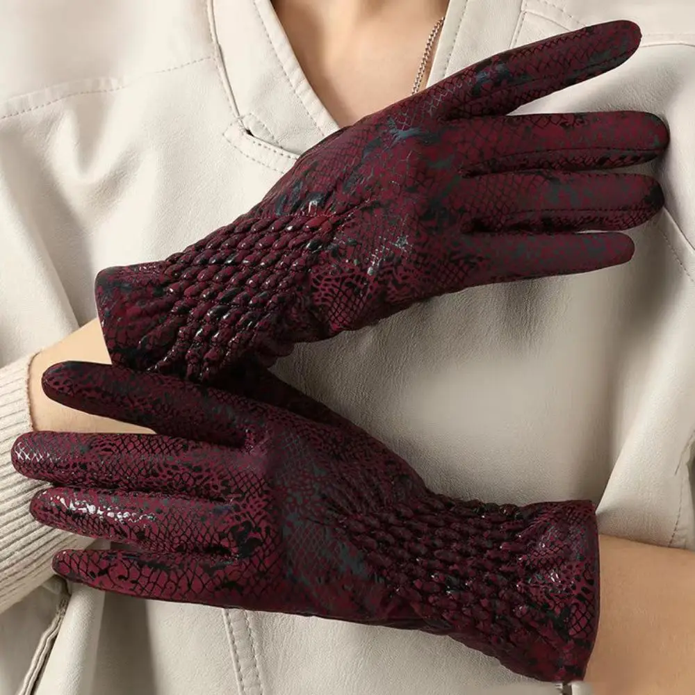 Personality Faux Leather Full Finger Gloves Snake Skin Patterned Touch Screen Winter Gloves Warm Non-slip Ski Gloves Women