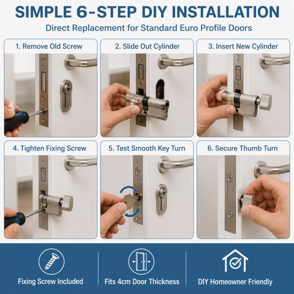 Secure Copper Door Lock Cylinder with 3 Keys Silver Door Lock Core Home Door Lock Residential Door Hardware Upgrade