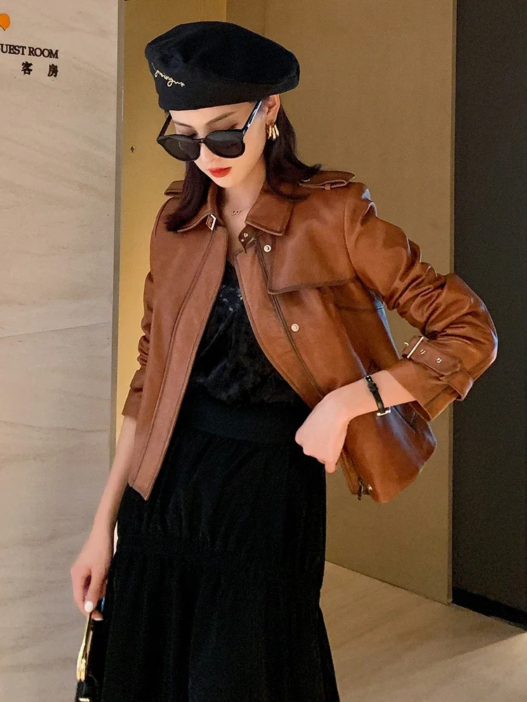 Chaqueta de cuero genuino Real para mujer, abrigo de piel de oveja Vintage, chaqueta de motociclista ajustada corta para primavera y otoño, M7548