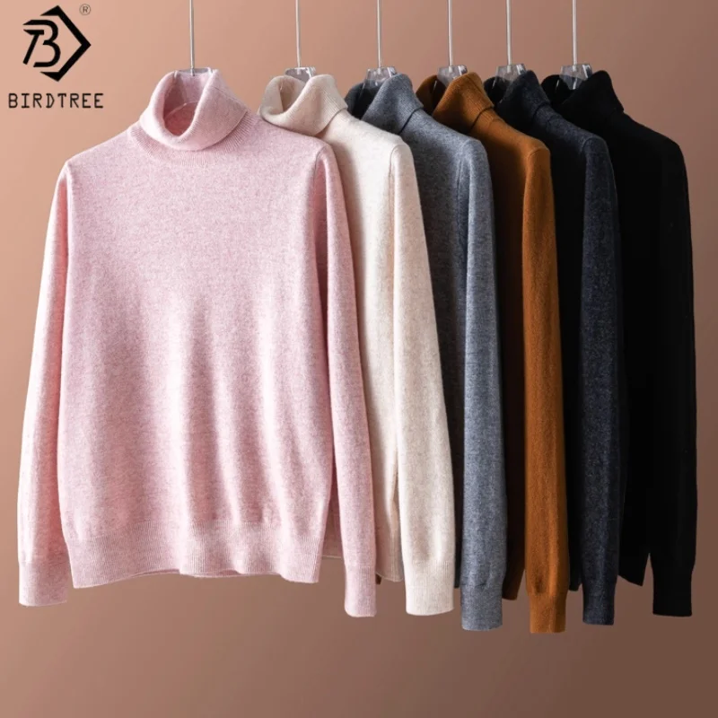 

Birdtree, вязаный свитер из 100% овечьей шерсти, женские свободные однотонные топы с воротником, базовый пуловер осень/зима 2025 T5O025JF