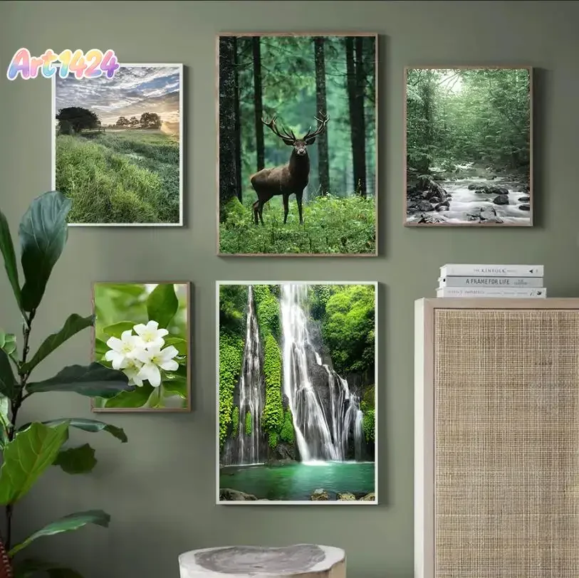 Whispers of the Wild – Green Forest Deer Waterfall Stream Flower Leaf Frameless Canvas for Bedroom Nature Landscape Decor 202