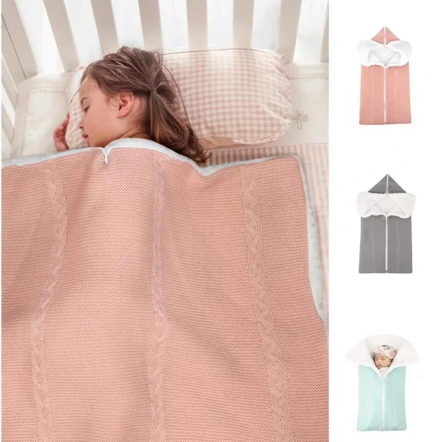 Baby Swaddle Blanket Stroller Wrap Soft Thick Fleece Warm Blanket Baby Sleeping Bag Sherpa Lined Knit Zipper style blanket Newbo