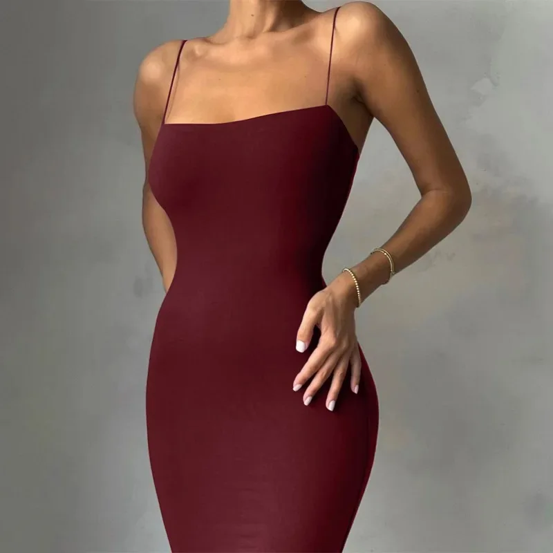 Letnia biała seksowna sukienka damska Streetwear bez rękawów, bez pleców, solidny pasek Spaghetti Bodycon Casual Clubwear eleganckie sukienki imprezowe — zdjęcie 3