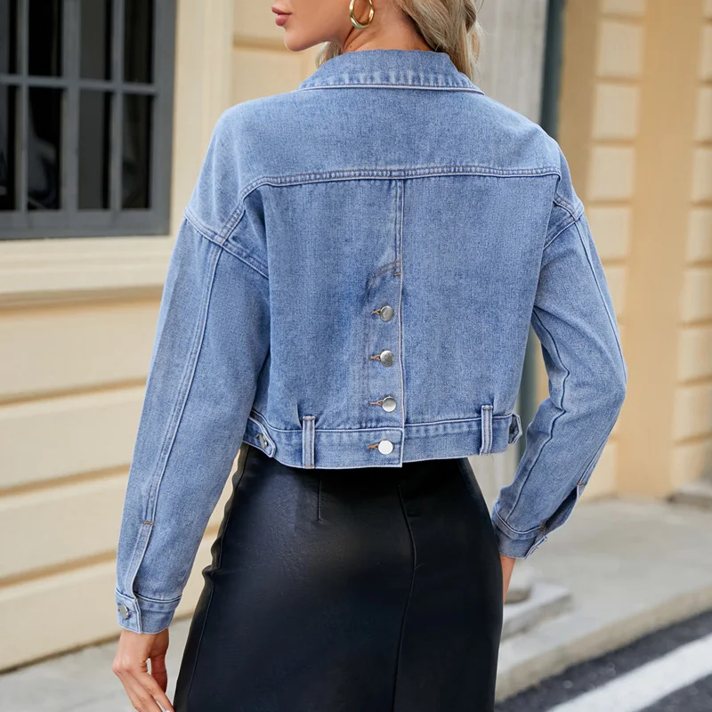 Benuynffy Autumn Spring Long Sleeve Crop Denim Jacket Women Single Breasted Pockets Casual Short Jean Coat Female Outerwear