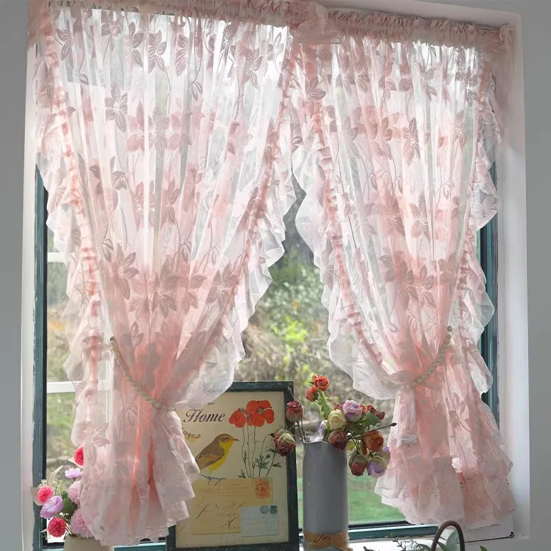 Korean Beautiful Romantic Pink Flower Ruffled Sheer Tulle Curtain Rod Pocket For Bedroom Princess Room Wedding Home Decor