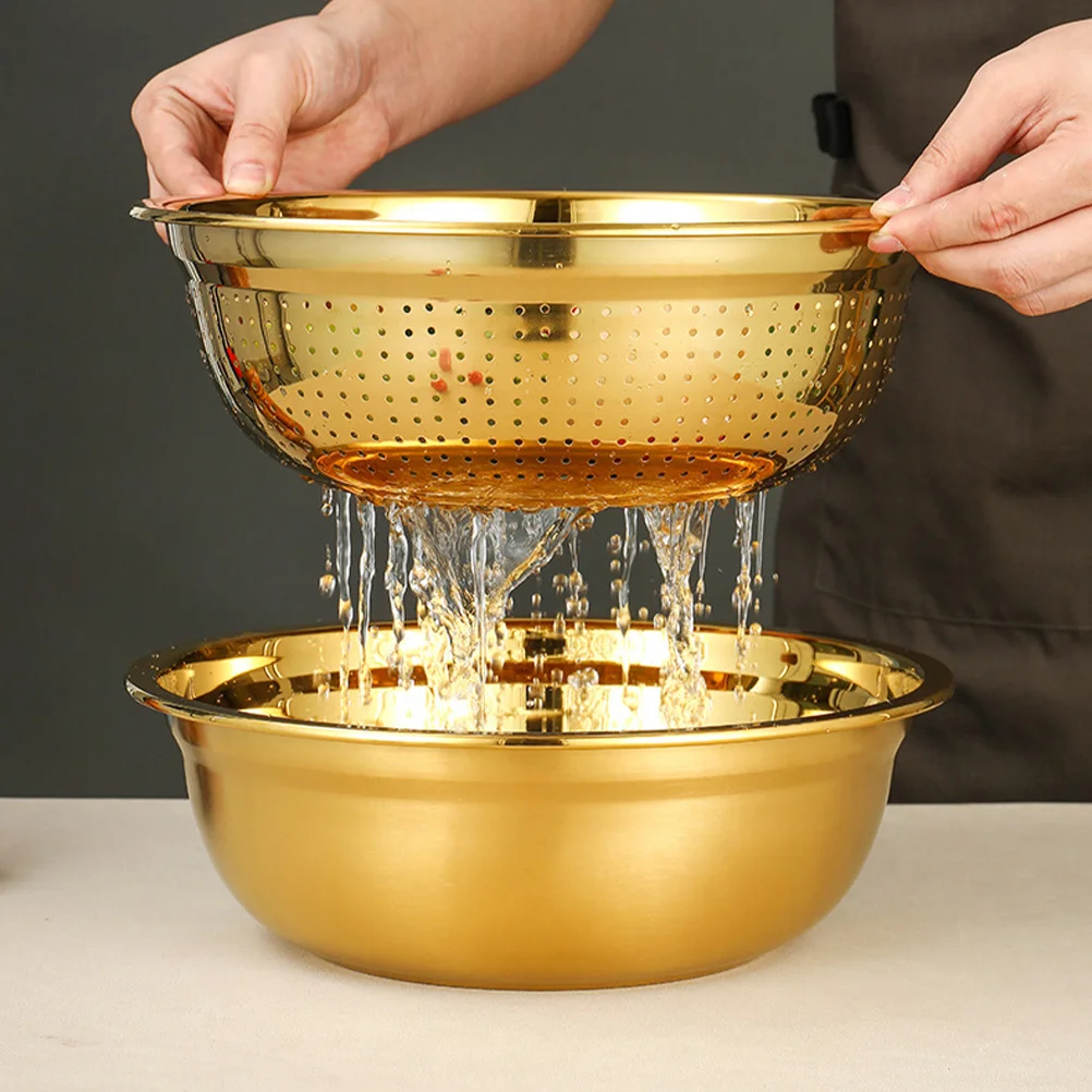 

Stainless Steel Drain Basket Colander with Bowl Dish Basin Kitchen Accessory Rice Drainer Gadget Golden Fruit Mesh Strainer