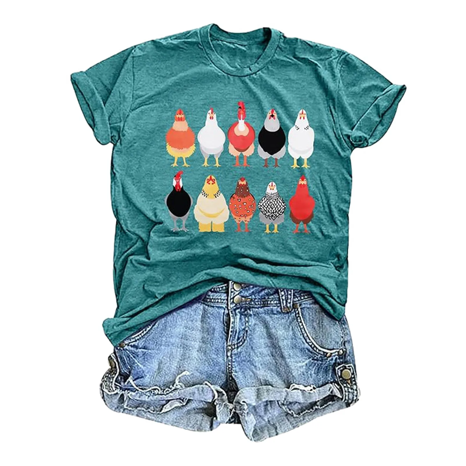 Chicken Printed Cotton Top Women Short Sleeved T Shirt Women's Summer Fashion Casual Round Neck Tshirt Blue Tops Tee