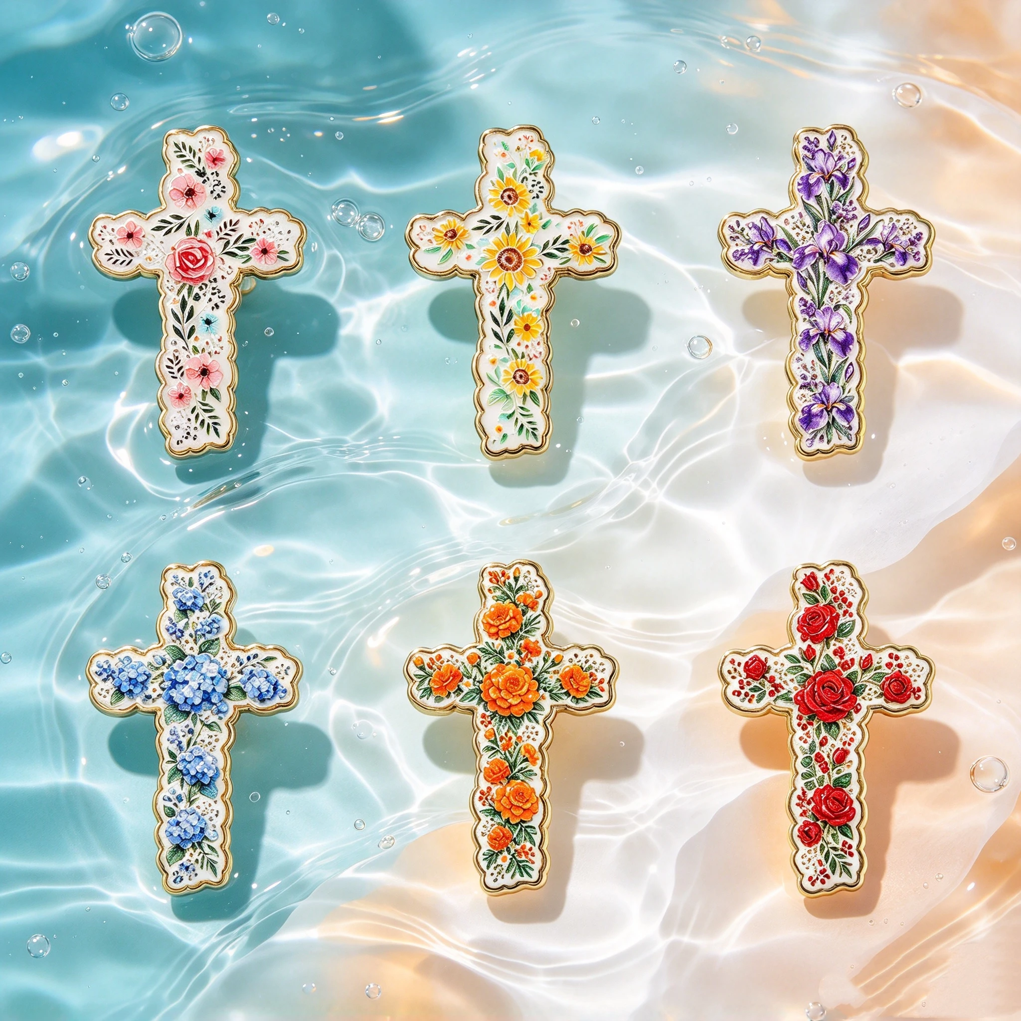 Good Floral & Wedding Decor Supply - 6 Painted Flower Cross Shape Enamel