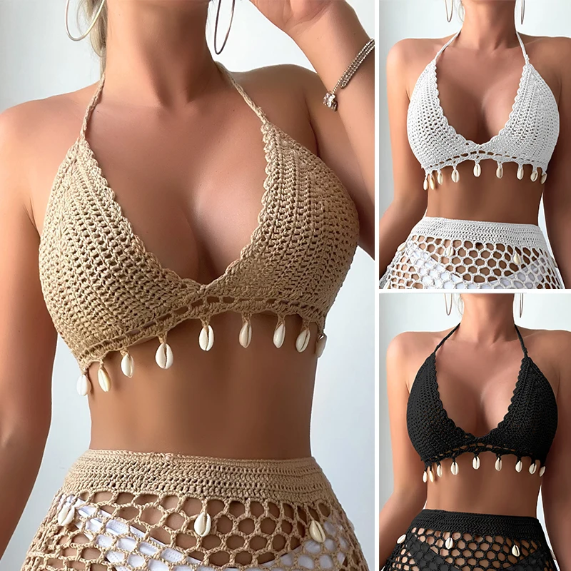 Hand Crochet Sexy Shell Tassel Bikini Swimsuit Hollow Out Binding Rope Summer Holiday Women Sunbathing Knit Beach Bra