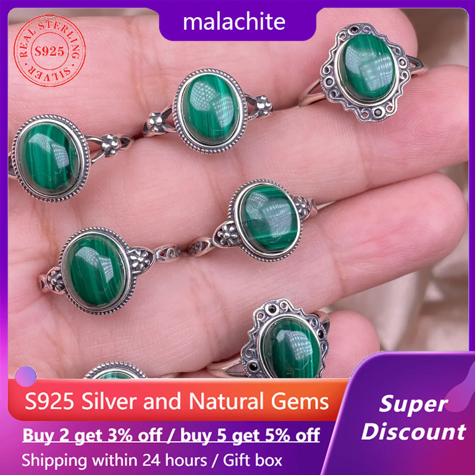 Natural Gemstone Malachite Ring 925 Sterling Silver Vintage Women\'s Ring Exquisite Jewelry Accessories Birthday Gift