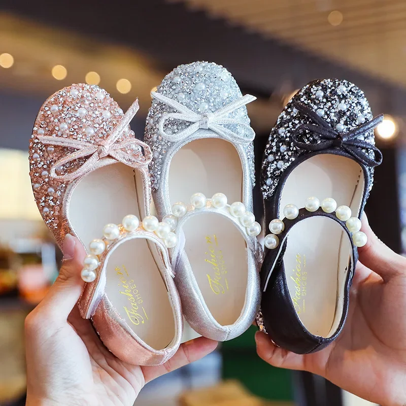 Summer Flats Girls Pearls Mary Jane Shoes Kids Bling Princess Glitter Shoes Children Bowknot Sole Sandals Wedding Dance Shoes