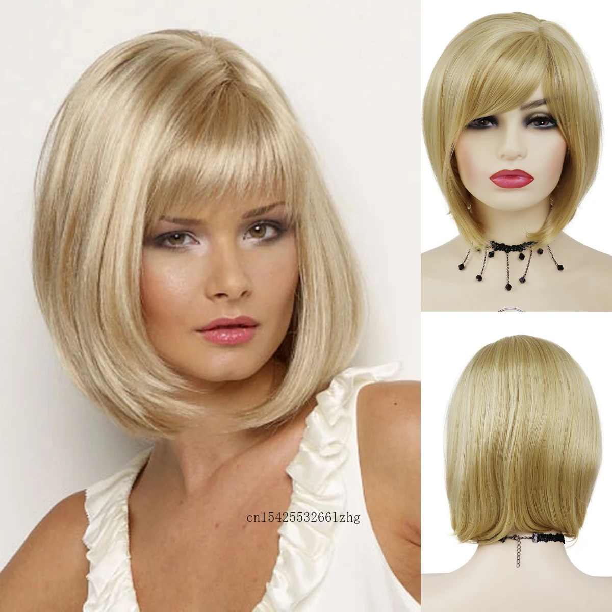 GNIMEGIL Synthetic Blonde Wig with Bangs Short Bob Wigs for Women Heat Resistant Natural Straight Hair Daily Cosplay Halloween