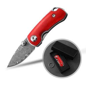 소형 접이식 나이프 Vg10 다마스커스 스틸 미니 포켓 나이프, 쇠고기 뼈 손잡이 EDC 키 나이프, 남성 여성 선물 상자 포함