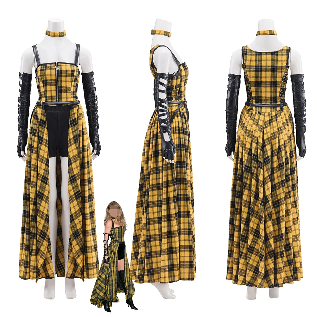 

Famous Fashionable Singer Costume 2024 VMAs Yellow Dress Plaid Steampunk Dress Gloves Set Woman Halloween Performance Suit