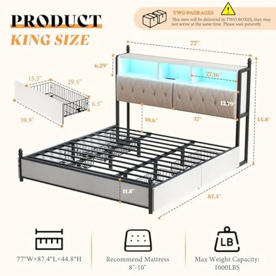 King Size Bed Frame with Bookcase Headboard and 4 Storage Drawers, Wooden Platform Bed with Charging Station and LED Light