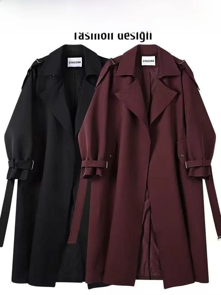 

plus Size 300 Pou Women's Casual Knee-Length Coat Briti Sle Windbreaker Mid-Length Tie Waist Spring Outerwear