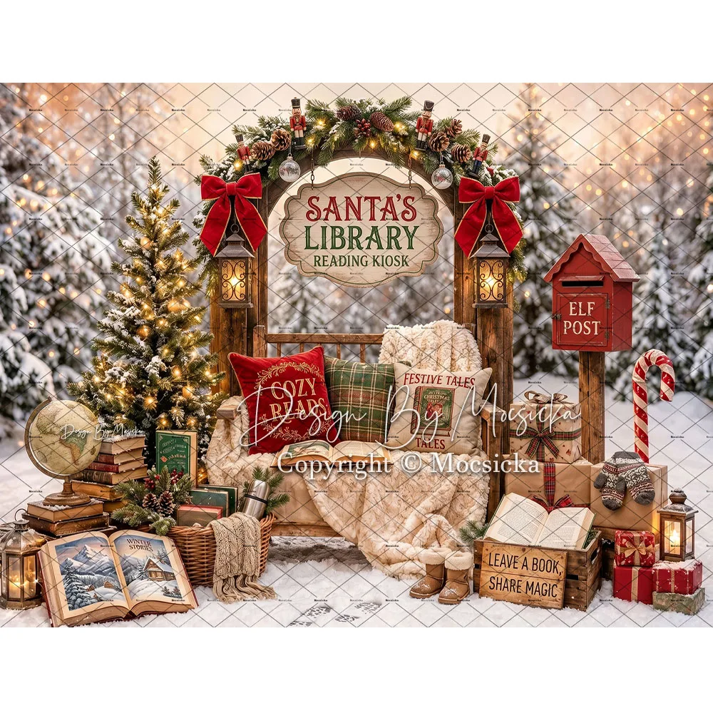 Mocsicka Santa Library Hintergrund für Fotografie, Weihnachten, verschneiter Winter, Wald, Kranz, Buch, Geschenk, Hintergrund, Familie, Weihnachten, Fotostudio