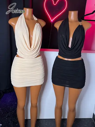 Joskaa Sexy Mesh 2 Piece Skirt Set Women Halter Cowl Neck Metal Buckle Backless Crop Top+Ruched Mini Skirt Matching Clubwear