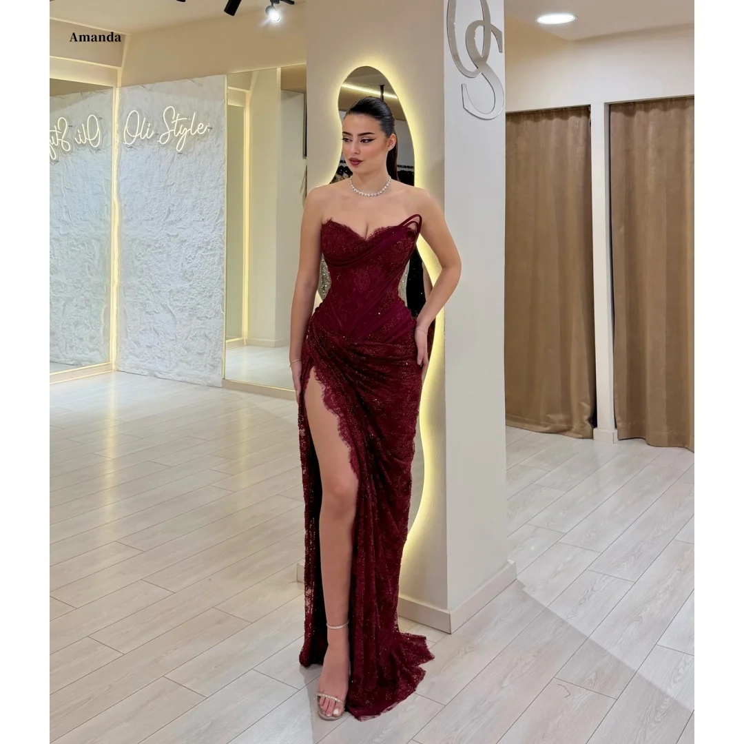 Amanda Customized Burgundy Strapless Prom Dress With Ruched Lace High Slit Trailing vestidos de noche Formal Evening Gown 2026
