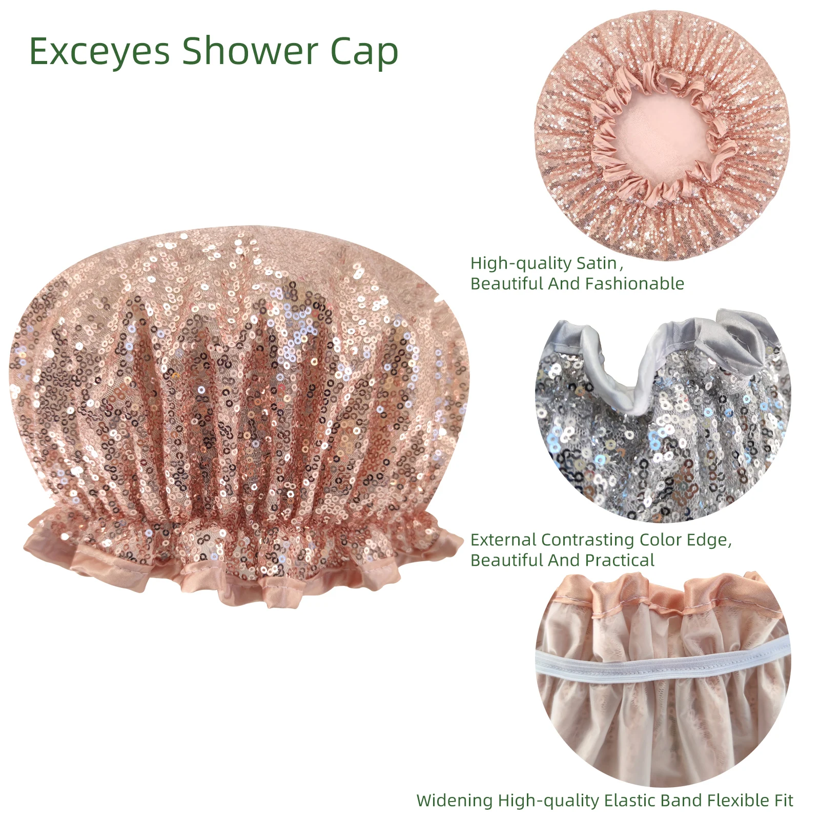 Exceyes luxury glitter shower cap for women-Waterproof, Fashionable, Reusable Shower Cap for Long Hair