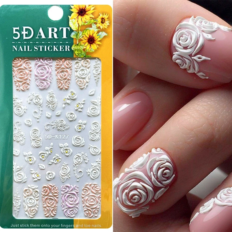 5D Embossed Nail Stickers White Rose Flower Lace Engraved Sliders For Nail Elegant Wedding Bride Self Adhesive Decal Decoration