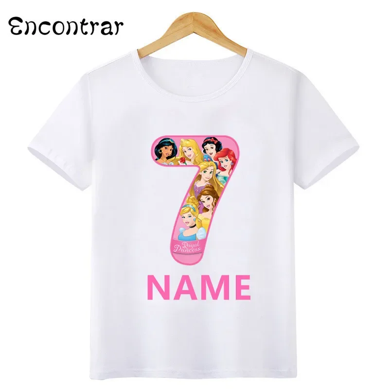 Disney Princess Number Bow Print T shirt Kids Clothes 1 2 3 4 5 6 7 8 9 Years Birthday Girls Customize Name T-Shirts Baby Tops