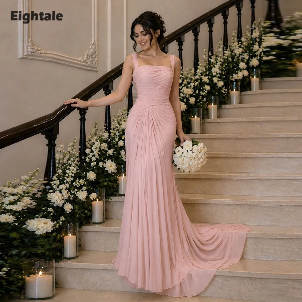 

Eightale Arabic Evening Dresses Pleats Customized Crepe Pink Mermaid Prom Party Gown vestido de fiesta