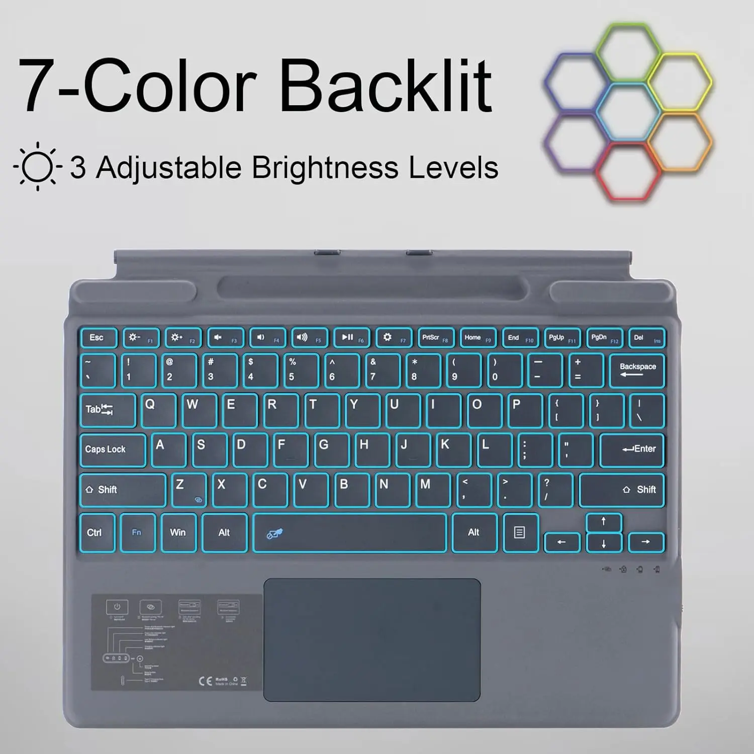 Teclado Magnético para Microsoft Surface Pro 8 / 9 / 10 / X, Retroiluminación Colorida, Gris Oscuro, Conectividad Magnética, Teclado Bluetooth
