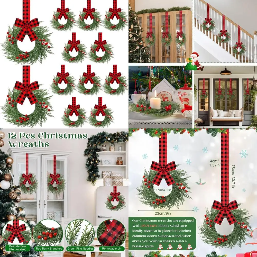 

Set of 12 Mini Christmas Wreaths, 9 Artificial Greenery with Red & Black Plaid Bows, Ideal for Door, Porch, Wall, or Window