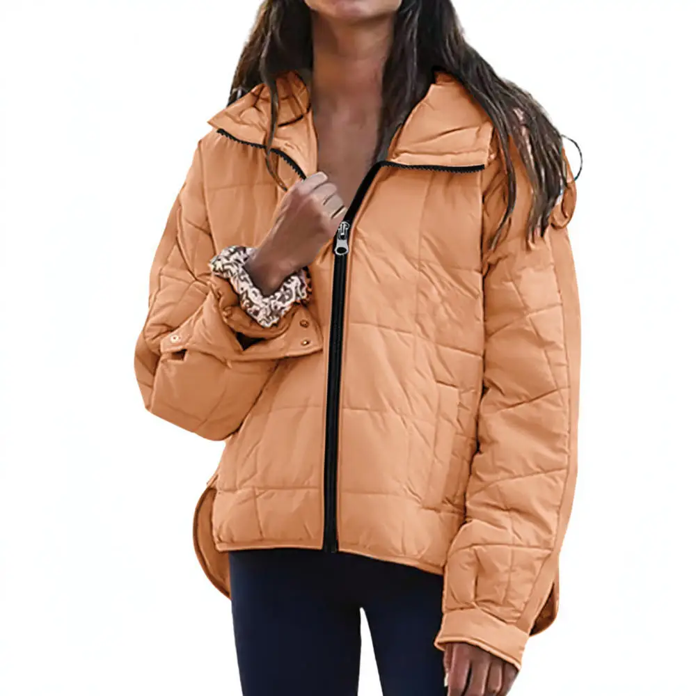 Womens Casual Cotton Jacket Loose Hooded Long Sleeve Zipper Coat Solid Color Warm Winter Outerwear Fashion Round Hem