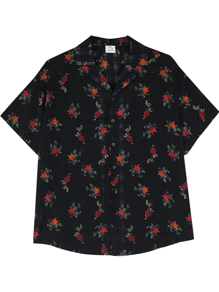 

New Chinese Sle Rose Print Bla ort Sve Women's Summer Lightweight Chiffon irt Vintage Hong Kong Sle Top